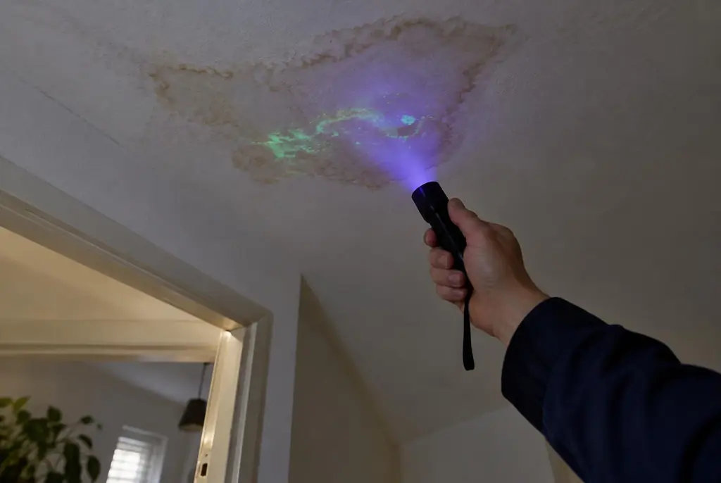 Lekdetectie Arnhem – kleurstof controleren op het plafond met uv-licht