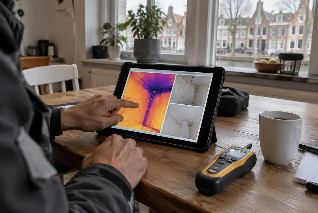 Lekdetectie Arnhem – lekdetectierapport met warmtebeelden en foto's op een tablet