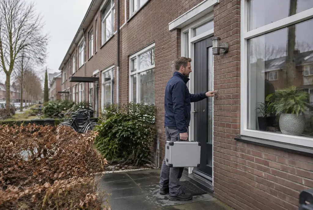 Lekdetectiespecialist met meetkoffer bij de voordeur van een woning in Arnhem